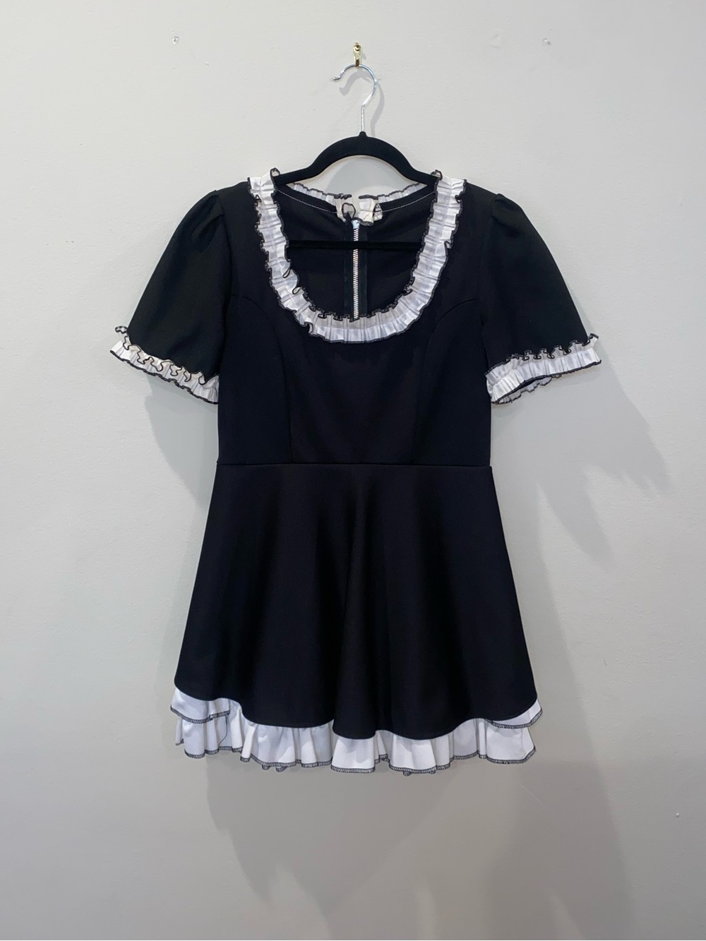 Vintage Black Babydoll Mini Dress with White Ruffle Trim - Whimsigoth, Coquette